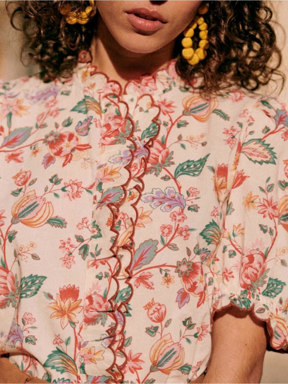 Sézane Floral Ruffle Embroidered Cotton Blouse Size 34 XS